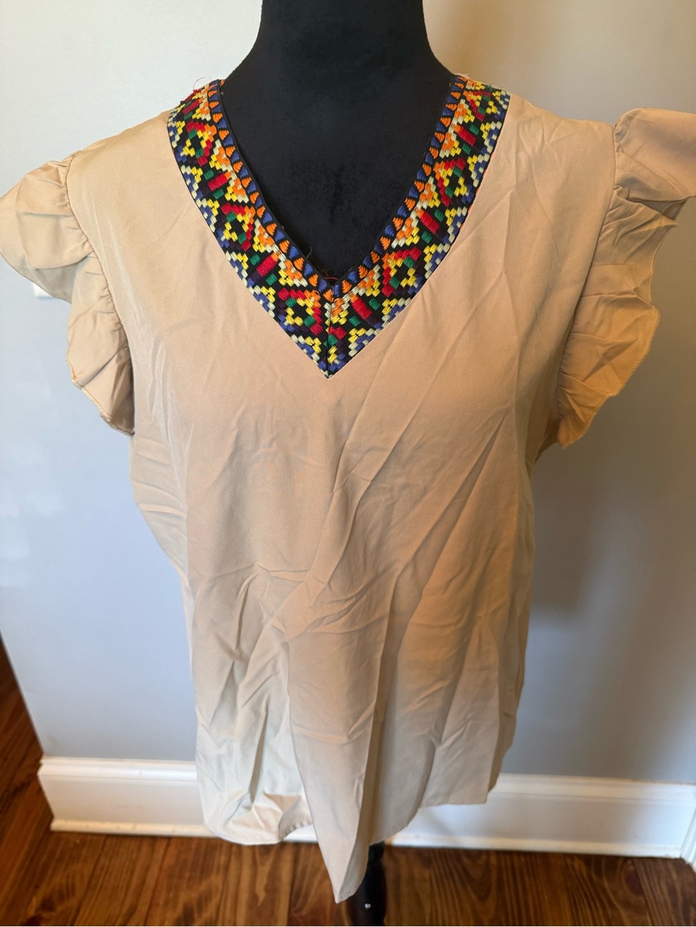 SHEIN Beige V-Neck Top with Multicolor Embroidered Trim